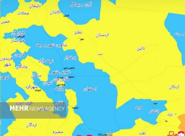 ۶ شهر اصفهان در وضعیت زرد کرونا / ۱۸ شهر در شرایط آبی است
